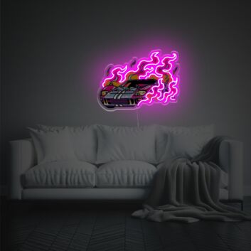 Dynamisches LED-Neonschild mit UV-Druck mit Sportwagen und Flammenmotiv als auffällige Neon Wanddeko für Wohnzimmer Partyraum oder kreative Innenräume