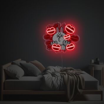 Cartoonhase mit Kussmündern als LED-Neonschild mit UV-Druck