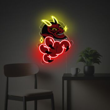 Auffälliges LED Neonschild mit rebellischem Dämonenmotiv und provokanter Gestik als ausdrucksstarke Neon Wanddeko für Wohnzimmer Studio oder kreative Räume