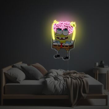 Cartoon-Figur mit leuchtendem Gehirn als LED-Neonschild mit UV-Druck