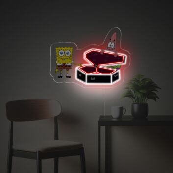 Kreatives Cartoon LED Neonschild mit leuchtender Überraschungsbox und verspielten Figuren als moderne Neon Wanddekoration für Wohnzimmer Jugendzimmer und kreative Innenräume