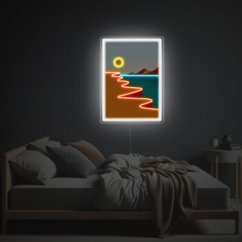 Abstraktes LED-Neonschild mit UV-Druck mit modernem Landschaftsmotiv und leuchtender Sonnenlinie als stilvolle Wandbeleuchtung für Wohnzimmer Schlafzimmer und ruhige Wohnräume