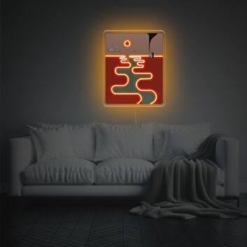 Abstraktes LED-Neonschild mit UV-Druck mit ruhiger Landschaftskomposition und fließender Lichtlinie als stilvolle Wanddekoration für moderne Wohn und Schlafräume