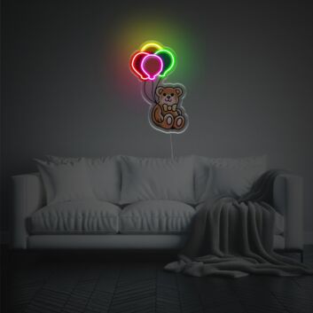 Niedliches LED Neonschild mit Teddybär und bunten Luftballons als liebevolle Wanddekoration für Kinderzimmer und Familienräume