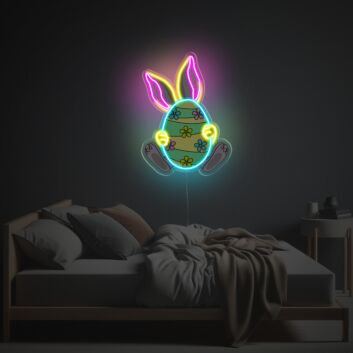 Niedliches LED-Neonschild mit UV-Druck mit Osterhase und verziertem Osterei als fröhliche Wanddekoration für Kinderzimmer Schlafzimmer und Osterdekoration