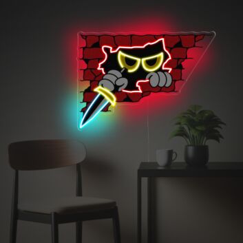 Dunkles LED-Neonschild mit UV-Druck mit Comic Monster Motiv und Durchbruch Effekt als auffällige Wanddekoration für Gaming Zimmer Studio und moderne Räume