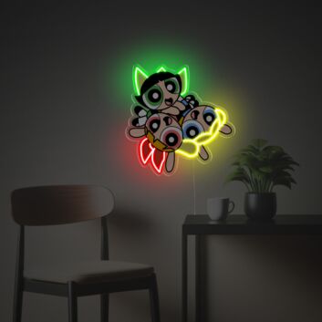 Farbenfrohes LED-Neonschild mit UV-Druck mit drei niedlichen Cartoon Figuren im verspielten Design als moderne Wanddekoration für Wohnräume