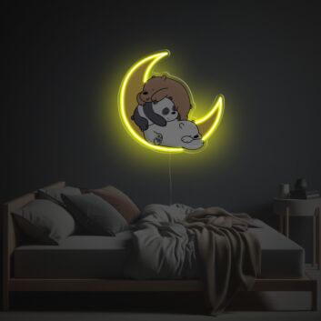 schlafende Bären auf Halbmond LED-Neonschild mit UV-Druck für Schlafzimmer Kinderzimmer