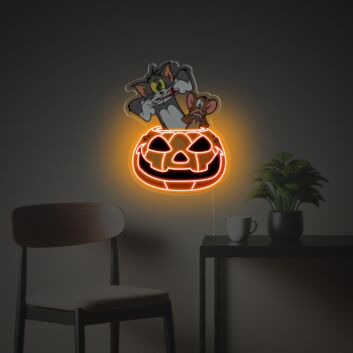 Dekoratives LED Neonschild mit Halloween Kürbis Motiv und verspielten Cartoon Tier Silhouetten als stimmungsvolle Wandbeleuchtung für Innenräume