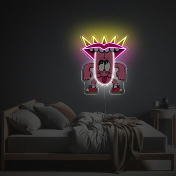 Ausdrucksstarkes LED-Neonschild mit UV-Druck mit bunter Lippen und Zungenfigur als auffällige Wandbeleuchtung für moderne Wohnräume