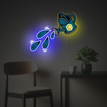 Verspieltes LED-Neonschild mit UV-Druck mit Gießkanne und Wassertropfen Motiv zur dekorativen Wandgestaltung