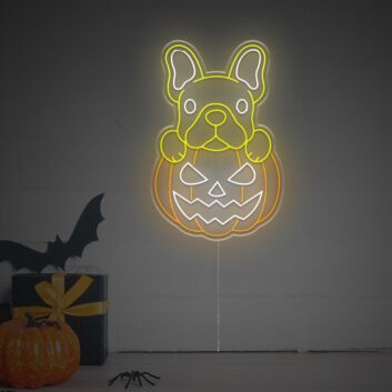 Halloween LED Neon Wandlicht Niedlicher Hund mit Kürbis Lustige Leuchtende Wanddekoration für Party Wohnzimmer und Kinderzimmer