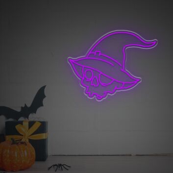 Totenkopf mit Hexenhut LED-Neonschild für Halloween Party