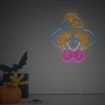 Vogelscheuchen-Kopf mit Hut als LED-Neonschild für Halloween