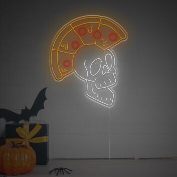 Lustiges LED Neon Wandlicht Totenkopf mit Pizza Slice Humorvolles Schädel Design Leuchtende Wanddekoration für Pizzeria Küche Bar Halloween Party und Moderne Raumgestaltung