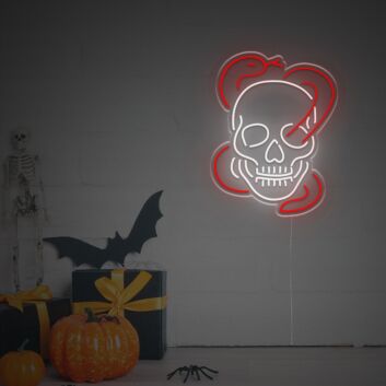 Dramatisches LED Neon Wandlicht Totenkopf mit Schlangen Motiv Rote Weiße Leuchte im Dark Gothic Stil für Wohnzimmer Bar Club Tattoo Studio Halloween Dekoration und Moderne Wandgestaltung
