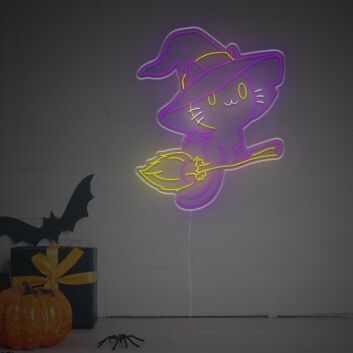 Niedliches LED Neon Wandlicht Zauber Katze auf Besen Süße Halloween Neon Dekoration für Kinderzimmer Wohnzimmer Partyraum Schaufenster und Saisonale Wandbeleuchtung