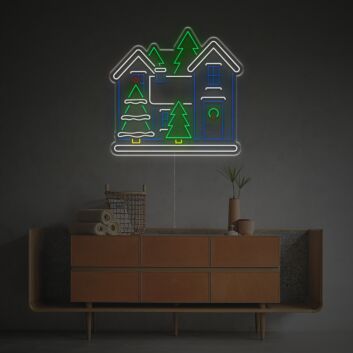 Weihnachtsdorf mit Tannenbäumen als LED-Neonschild