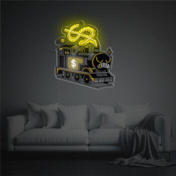 Elevate Your Space: Angry Money Train LED Neon Acrylic Artwork for Office, Bars, and Trendsetting Home Decor.
