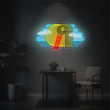 LED-Neonschild mit UV-Druck Abstraktes Buchstabe G Design mit Mond Wolken und Leiter Moderne Pop Art Neon Wanddekoration für Wohnzimmer Studio Büro und Kreative Räume