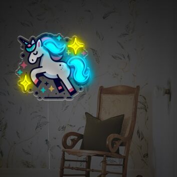 LED-Neonschild mit UV-Druck Niedliches Einhorn Design mit Leuchtenden Sternen Fantasie Neon Wanddekoration für Kinderzimmer Mädchenzimmer Schlafzimmer und Verspielte Wohnräume