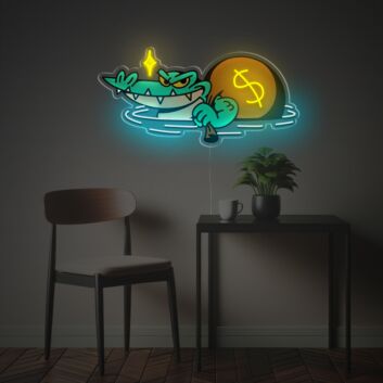 Cartoon Krokodil LED-Neonschild mit UV-Druck mit Geldsack lustige Wanddekoration für Bar und Gaming Room
