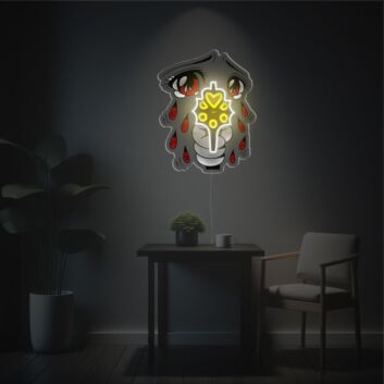 Weinendes Cartoon-Gesicht mit Revolvermotiv als LED-Neonschild mit UV-Druck