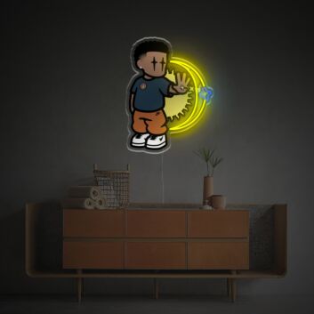 Cartoonfigur mit Handzeichen und Halbmond LED-Neonschild Wohnzimmer Kinderzimmer