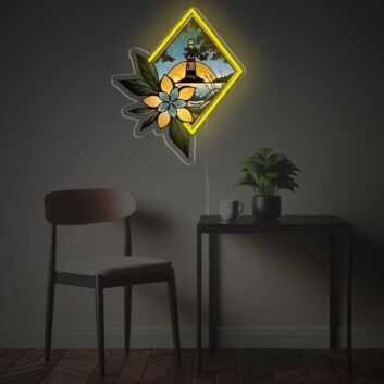 Leuchtturm mit Blume und Blättern LED-Neonschild mit UV-Druck Wohnzimmer Flur
