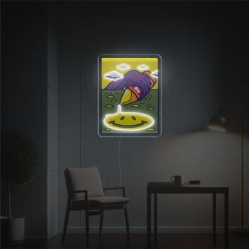 Hand mit Eiscreme und Smiley LED-Neonschild für Wohnzimmer oder Kreativstudio