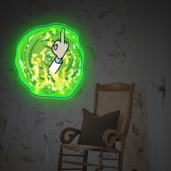 Hand mit erhobenem Mittelfinger vor grünem Portal LED-Neonschild Wohnzimmer Gaming