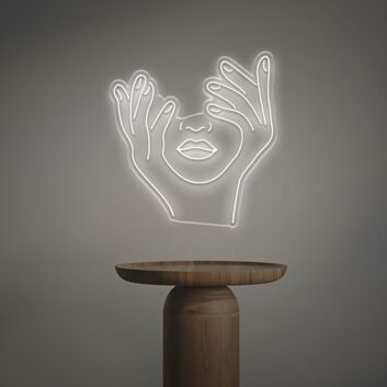 Abstraktes Gesicht mit Händen LED Neonschild als minimalistische Wanddekoration für Wohnzimmer Studio und moderne Innenräume