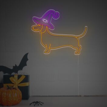 Dackel mit Hexenhut LED-Neonschild für Halloween Wohnzimmer