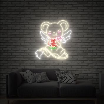Engel Bär mit Erdbeere LED-Neonschild Wohnzimmer Kinderzimmer