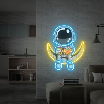 Astronaut auf Mond mit Burger und Getränk LED-Neonschild mit UV-Druck Wohnzimmer Kinderzimmer