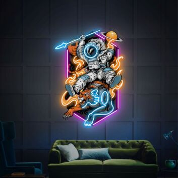 Astronaut reitet auf feuerspeiendem Cyborg-Tiger LED-Neonschild Gaming Wohnzimmer