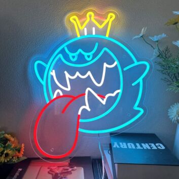Krone tragender Cartoon Geist mit herausgestreckter Zunge LED-Neonschild Gaming Zimmer