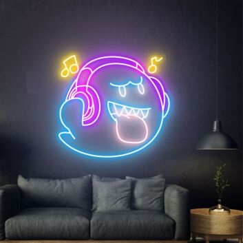 Geist mit Kopfhörern und Musiknoten LED-Neonschild für Wohnzimmer oder Gamingzimmer