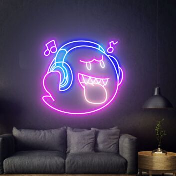 Geist mit Kopfhörern und Musiknoten LED-Neonschild für Wohnzimmer oder Gamingzimmer