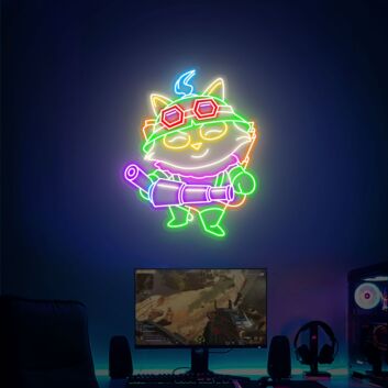 Comic-Katze mit Abenteurer-Ausrüstung LED-Neonschild für Gaming Zimmer und Wohnzimmer