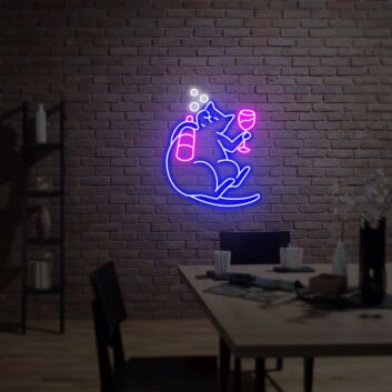 Katze mit Wein und Flasche LED-Neonschild Bar Wohnzimmer