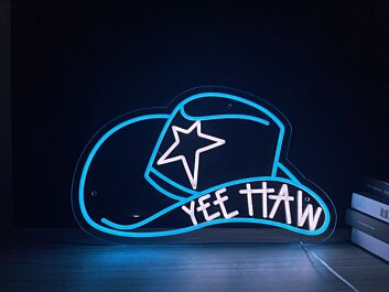 Transform Your Space: Cowboy Hat With Yee Haw Neon Sign for Chic Home Decor, Vibrant Office Settings, and Buzzing Bar Atmospheres