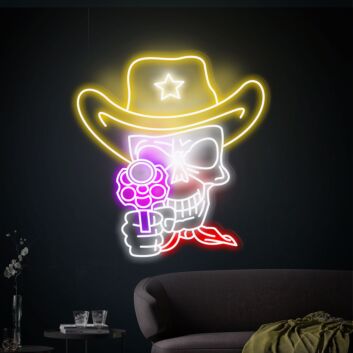 Cowboy Totenkopf mit Revolver LED-Neonschild für Bar und Gaming Room