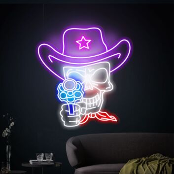 Cowboy Totenkopf mit Revolver LED-Neonschild für Bar und Gaming Room