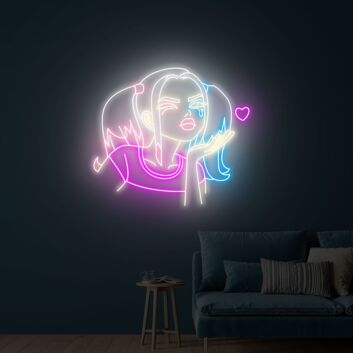 Farbenfrohes LED Neonschild mit moderner Mädchen Illustration und Herzmotiv als künstlerische Wandbeleuchtung für Wohnzimmer Schlafzimmer oder kreative Raumdekoration