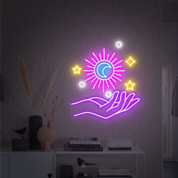 Hand mit Sonne Mond und Sternen LED-Neonschild Wohnzimmer Schlafzimmer