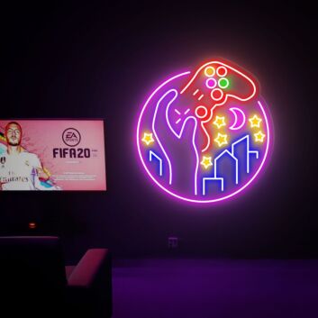 Hand mit Spielcontroller und Stadtsilhouette LED-Neonschild für Gamingzimmer