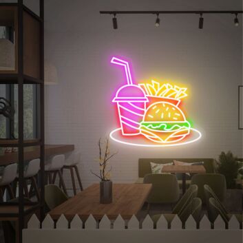 Burger Pommes und Getränk LED-Neonschild für Restaurant Imbiss