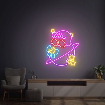 Videospielfigur mit Planet und Sternen LED-Neonschild Wohnzimmer Gamingzimmer