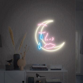 Halbmond mit Gesicht und Träne LED-Neonschild Wohnzimmer Schlafzimmer